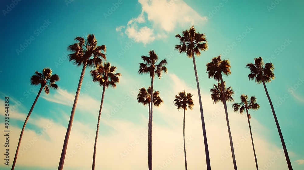 Palm trees stand tall against a vibrant blue sky. Palm trees stand tall against a vibrant blue sky.