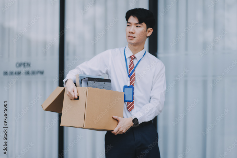 Sadness depressed Businessman with box cardboard packing personal items after losing jobs. Failure businessman sitting at stair front of building. Your fired Unemployed Jobless People Crisis Sadness depressed Businessman with box cardboard packing personal items after losing jobs. Failure businessman sitting at stair front of building. Your fired Unemployed Jobless People Crisis