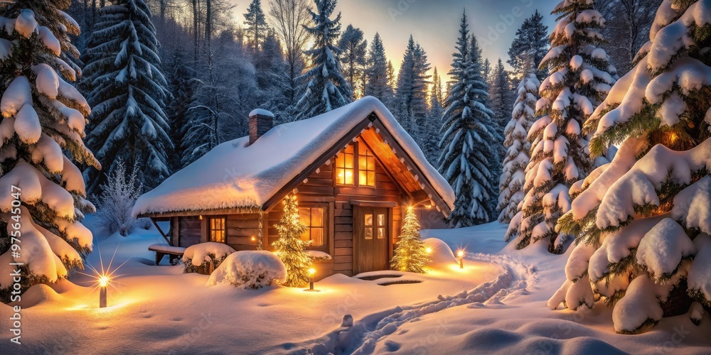 Cozy snow-covered cabin surrounded by frozen forest, twinkling lights, and festive decorations, emits warm glow, inviting winter wonderland ambiance, perfect for a serene holiday retreat. Cozy snow-covered cabin surrounded by frozen forest, twinkling lights, and festive decorations, emits warm glow, inviting winter wonderland ambiance, perfect for a serene holiday retreat.
