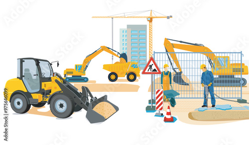 Hochbau und Tiefbau mit Bauhandwerkern,  illustration..eps