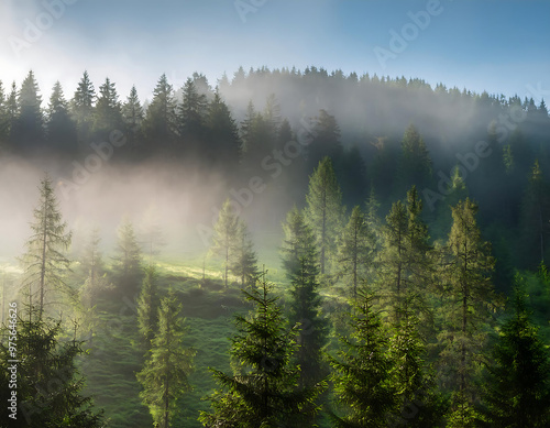  Spruce forest in the morning haze, with lovely nature scenery and soft light filtering _1(958)