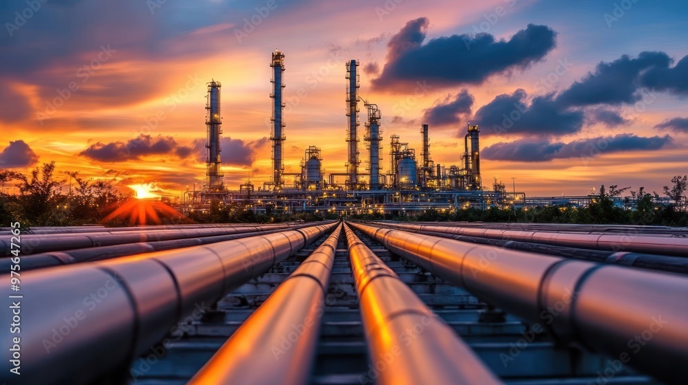 Industrial Sunset - Pipelines and Refinery at Twilight Industrial Sunset - Pipelines and Refinery at Twilight
