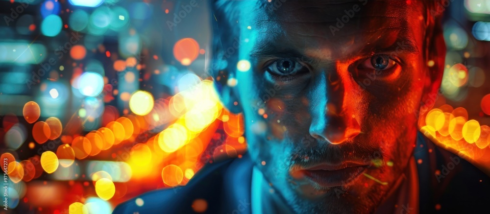 Captivating neon lit portrait of a man with an intense emotional expression set against a futuristic vibrant city backdrop This striking image evokes a sense of mystery technology Captivating neon lit portrait of a man with an intense emotional expression set against a futuristic vibrant city backdrop This striking image evokes a sense of mystery technology