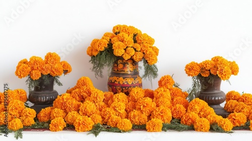 Day of the Dead Altar with Marigolds  Traditional Mexican Decor  Colorful Pottery