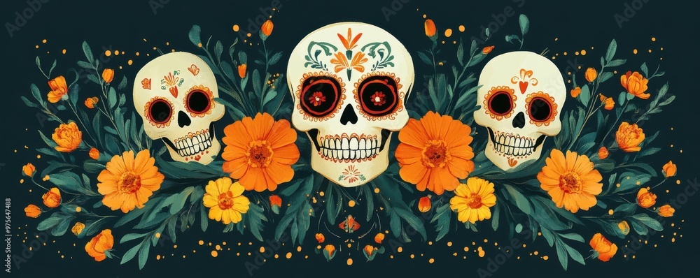 Day of the Dead Sugar Skulls with Marigolds and Green Foliage Day of the Dead Sugar Skulls with Marigolds and Green Foliage