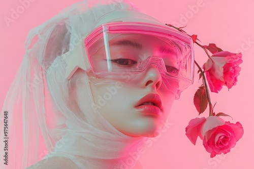 Bold portrait photo of si fi women side pose very minimilistic with light pink background, and wearing futuristic si fi headgear with glass glasses pink super realistic yes cover with glass and fabric photo