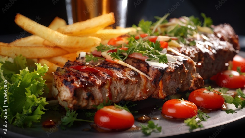 Fresh shish kebab with French fries and heavily doused with sauce. Fresh shish kebab with French fries and heavily doused with sauce.