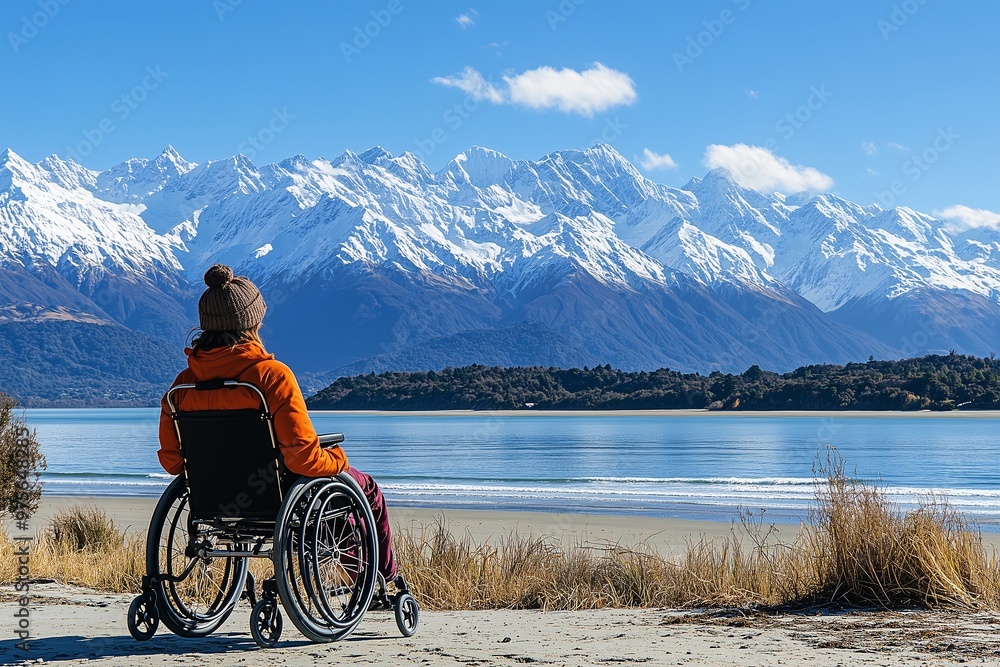 Fototapeta premium Woman sitting in wheelchair, looking at the beautiful scenery of mountains with snow-capped peaks, the concept of a full life for people with low mobility and disabilities, support and traveling