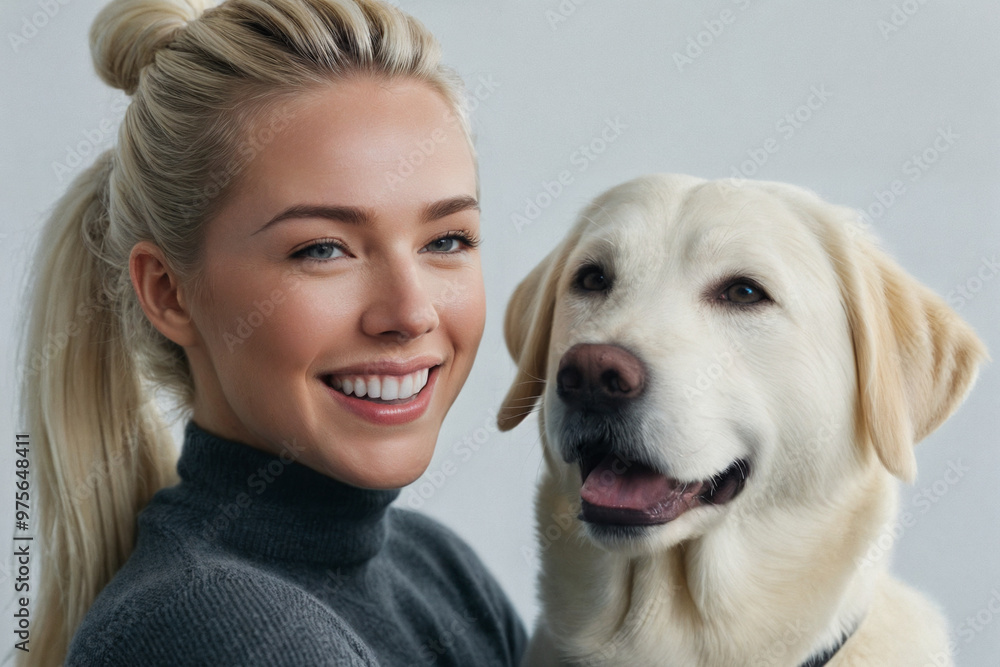 Young smiling happy cheerful owner woman with her best friend retriever wear casual clothes cuddle hug dog close eyes isolated on plain grey background studio. Take care about pet concept Young smiling happy cheerful owner woman with her best friend retriever wear casual clothes cuddle hug dog close eyes isolated on plain grey background studio. Take care about pet concept