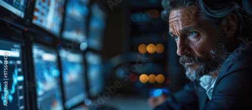 Focused and determined middle aged businessman deeply engrossed in analyzing financial data market trends and investment strategies on multiple computer screens in his dimly lit office at night