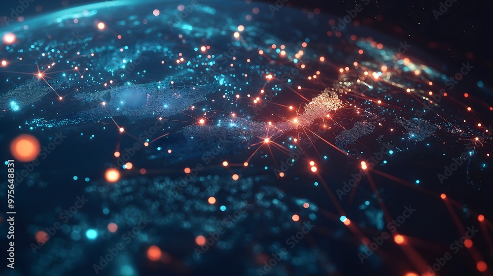 Global connectivity, featuring interconnected nodes, detailed network maps, and glowing lines symbolizing data transmission across different regions Global connectivity, featuring interconnected nodes, detailed network maps, and glowing lines symbolizing data transmission across different regions