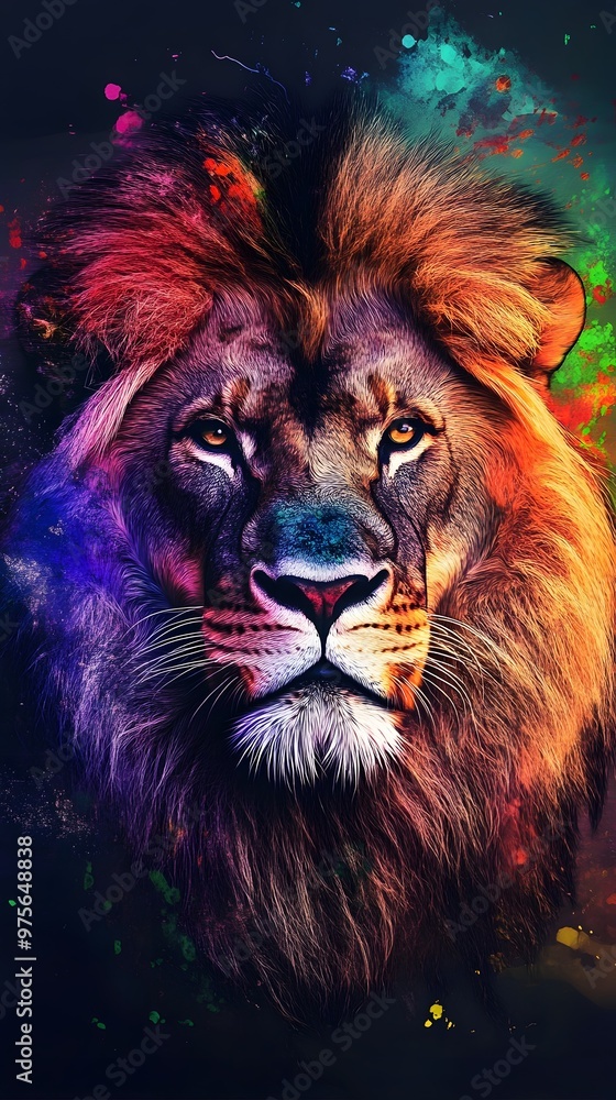 Naklejka premium A majestic lion with a colorful mane, a powerful and inspiring image.