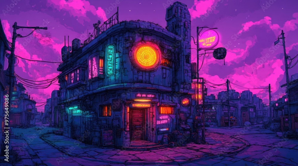 Obraz premium A futuristic tower block with neon accents dominates the skyline, illuminated by city lights and offering a glimpse into cyberpunk urban life.