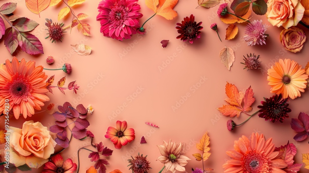 Vibrant autumn flowers and leaves arranged on a soft peach background Vibrant autumn flowers and leaves arranged on a soft peach background
