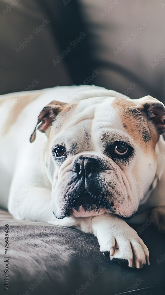 A white bulldog with brown markings rests its head on its paws while looking at the camera. A white bulldog with brown markings rests its head on its paws while looking at the camera.