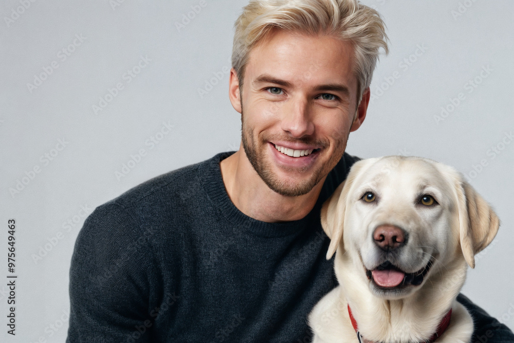 Blonde young Man with adorable Labrador Retriever dog on grey background. Lovely pet Blonde young Man with adorable Labrador Retriever dog on grey background. Lovely pet