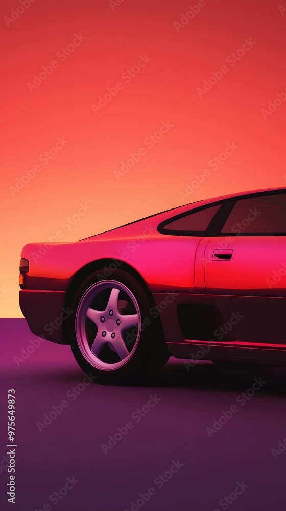 Fototapeta premium Red sports car parked against a pink and orange background.