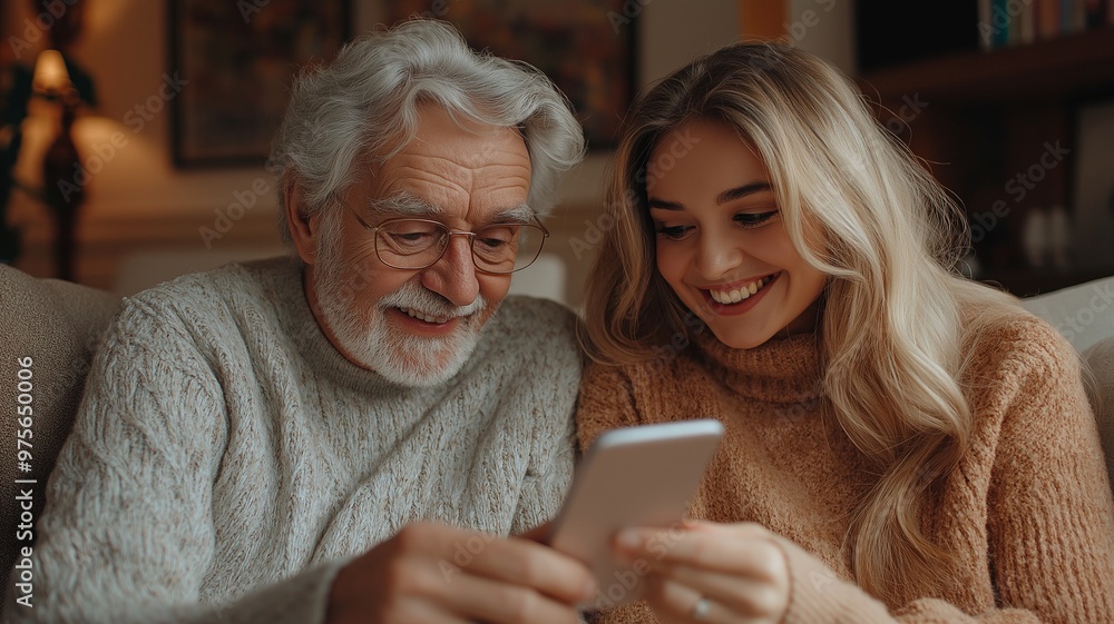 Retired parents who are content watch videos on their smartphones at home with their adult daughter. Retired parents who are content watch videos on their smartphones at home with their adult daughter.
