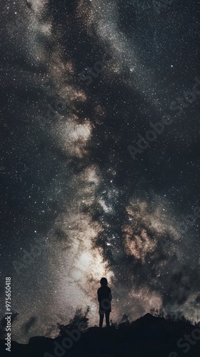 A person stands silhouetted against the Milky Way, gazing up at the night sky.