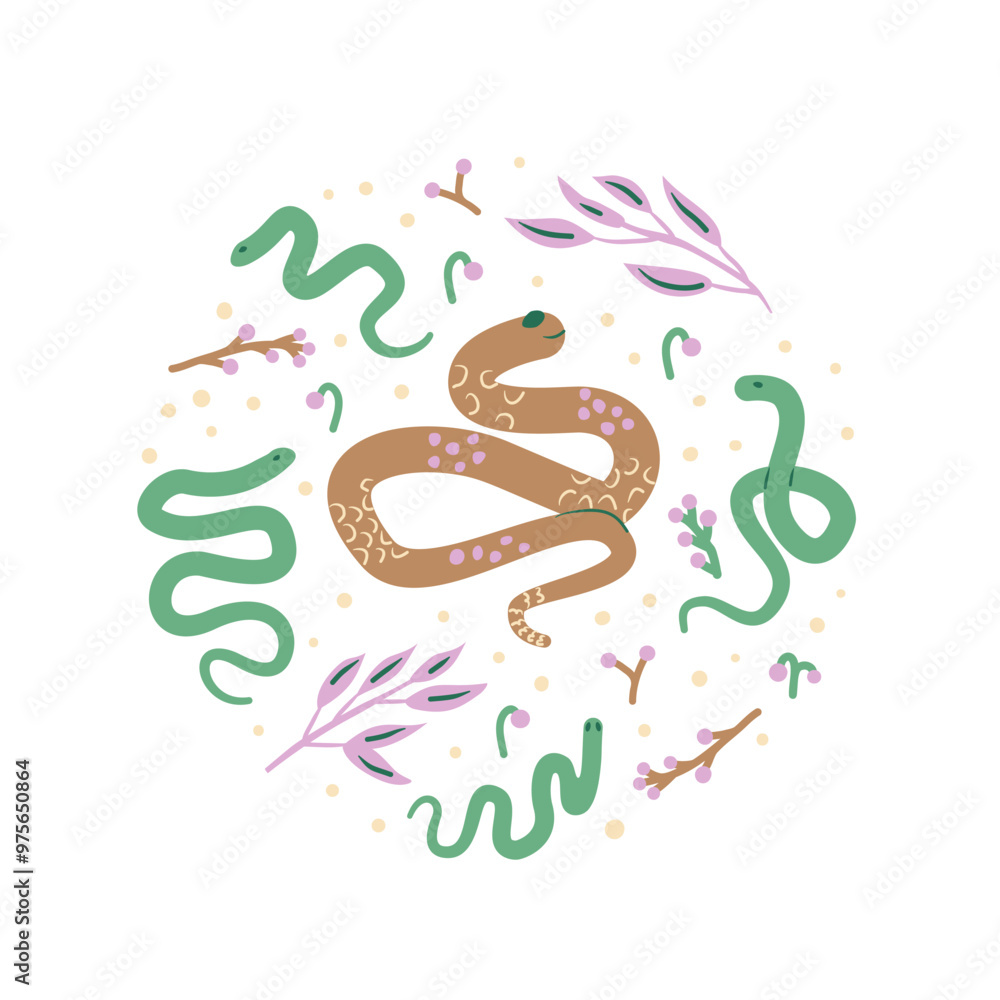 Snakes round badge. Chinese New Year snake circle emblem. Vector hand drawn illustration isolated on white background. Snakes round badge. Chinese New Year snake circle emblem. Vector hand drawn illustration isolated on white background.