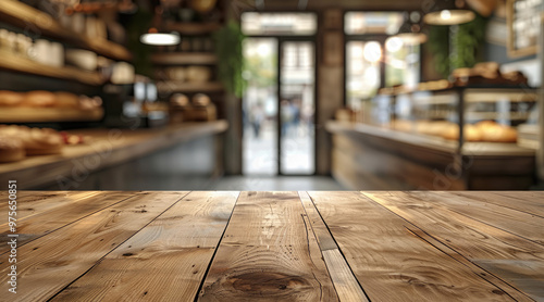 Close up of a horizontal minimalist wooden table top with a Blurred bakery shop background. Generative AI.