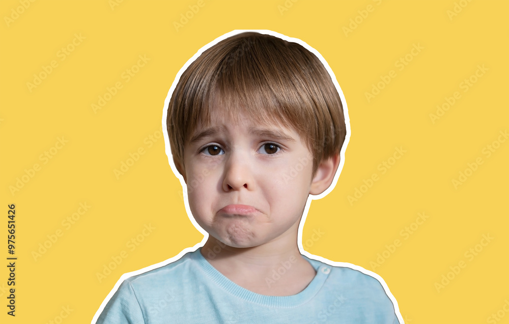 Boy toddler portrait close-up, he is playing and posing, grimacing, making funny face. The child makes a grimace as if he is upset. Isolated on yellow background. Boy toddler portrait close-up, he is playing and posing, grimacing, making funny face. The child makes a grimace as if he is upset. Isolated on yellow background.
