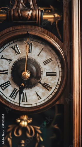 Close-up of a vintage clock face with Roman numerals.