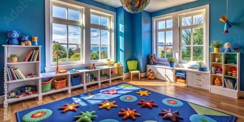 Bright and Playful Child's Room with Vibrant Colors, Toys, and Learning Spaces