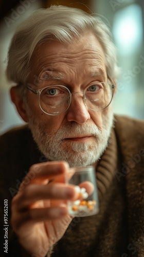 Older man taking a tablet at home