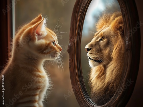 A cute kitten looking in the mirror and seeing an elegant lion reflection, self-confidence