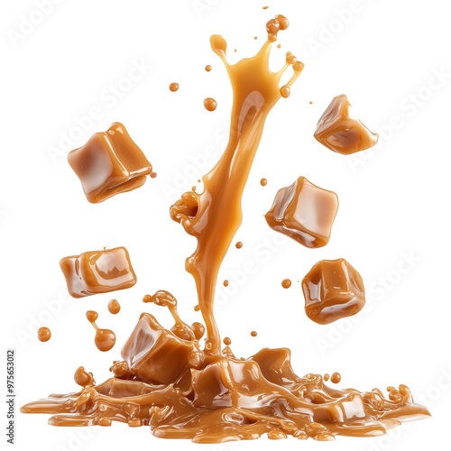 Group of Sweet Caramel Candy and Carmel Syrup up Splash Isolated on Transparent Background