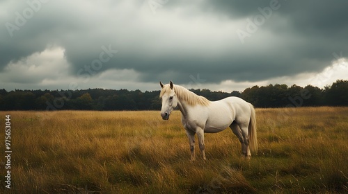 33. A solitary white horse in an open field