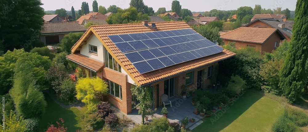 On the top of a residential building, solar panels generate renewable electricity. On the top of a residential building, solar panels generate renewable electricity.