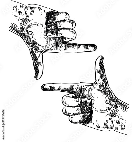 hand making picture taking photo gesture sign linear relistic vector illustration person isolated on white background