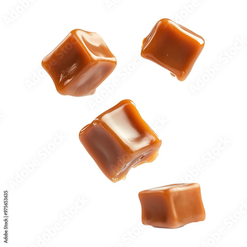 Group of Sweet Caramel Candy Falling Isolated on Transparent Background