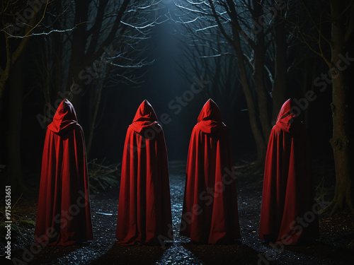 Members of a mysterious sect wearing red hoods against a dark background with darkness enveloping the scene, Generative AI	