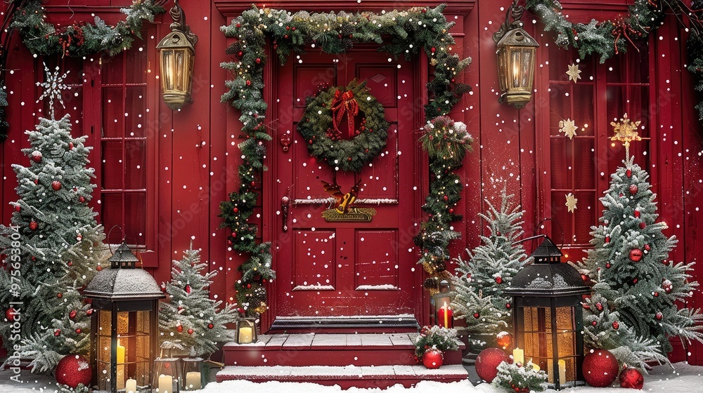 A Christmas-themed backdrop featuring a red door adorned with wreaths and lanterns, Christmas trees with garlands against a backdrop of snowflakes and red walls. Generative AI. A Christmas-themed backdrop featuring a red door adorned with wreaths and lanterns, Christmas trees with garlands against a backdrop of snowflakes and red walls. Generative AI.