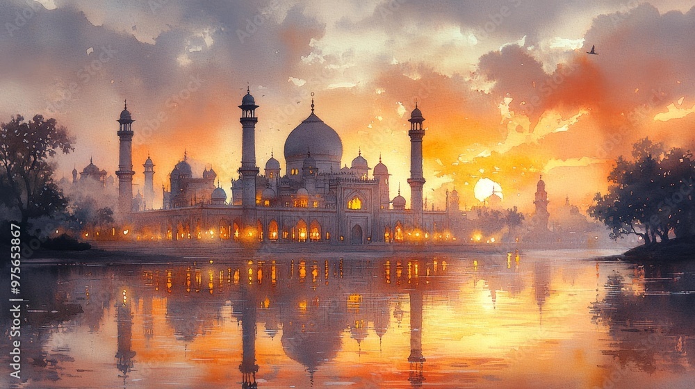 Fototapeta premium Serene Sunset View of a Majestic Indian Palace Generative AI