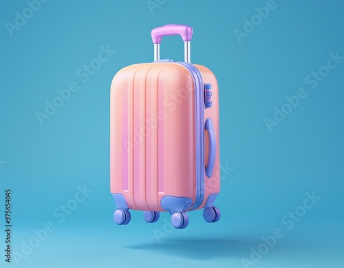 A pastel pink suitcase with purple accents sits on a blue background, 3D illustration