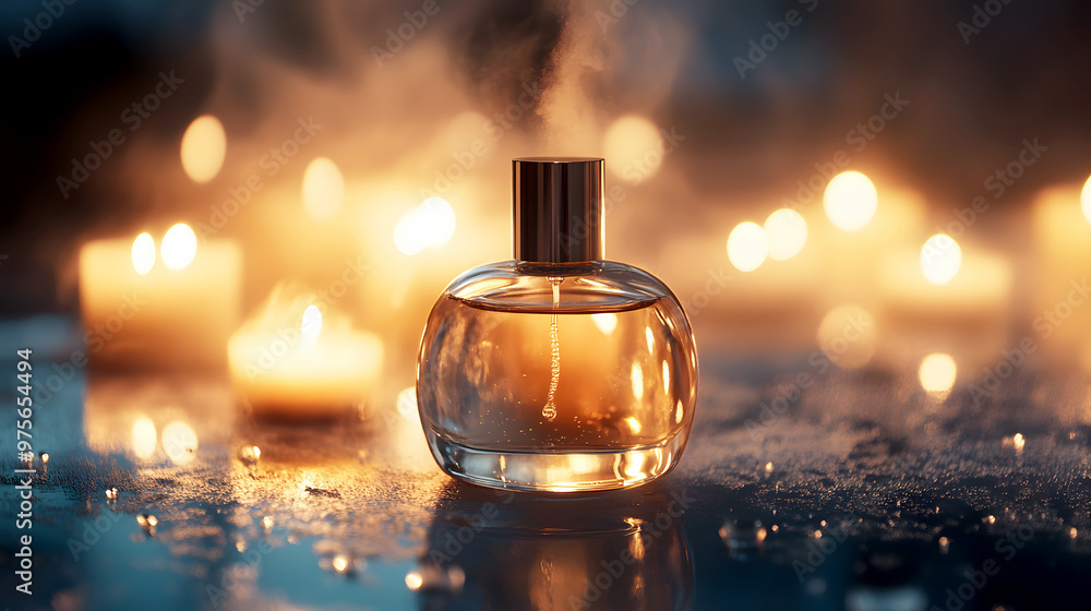 romantic scene with a perfume bottle releasing a gentle mist, surrounded by warm candlelight and soft focus romantic scene with a perfume bottle releasing a gentle mist, surrounded by warm candlelight and soft focus