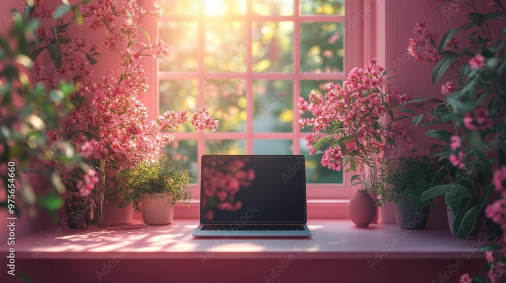 Serene Home Office with Floral Decoration Generative AI Serene Home Office with Floral Decoration Generative AI