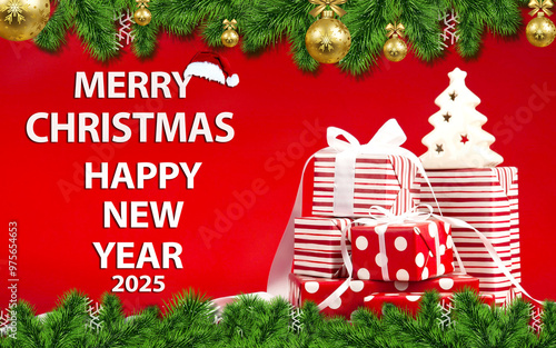 red background Meri Christmas Happy New Year 2025 