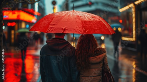 people walk under an umbrella in the rain down the old street