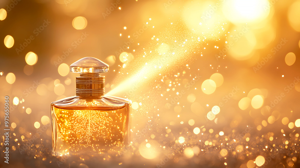 romantic, soft-focus image of a perfume bottle spraying a fine mist, with droplets glowing in a warm romantic, soft-focus image of a perfume bottle spraying a fine mist, with droplets glowing in a warm