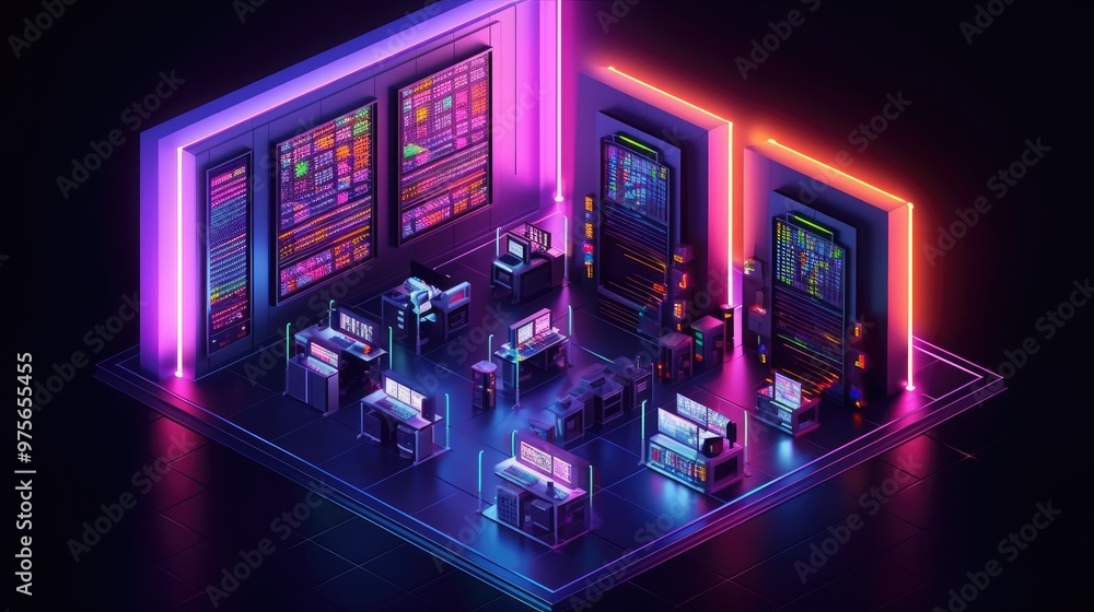 Fototapeta premium A 3D isometric illustration of a futuristic technology room with glowing neon lights and various computer screens.