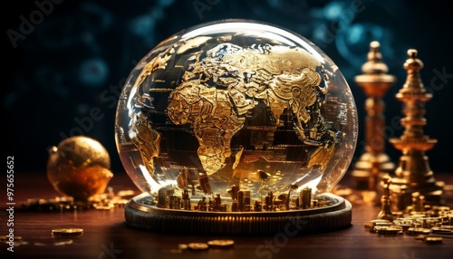 A stunning golden globe showcasing continents and cities, surrounded by chess pieces and coins. The intricate details of the globe and the reflective surfaces evoke a sense of global finance and