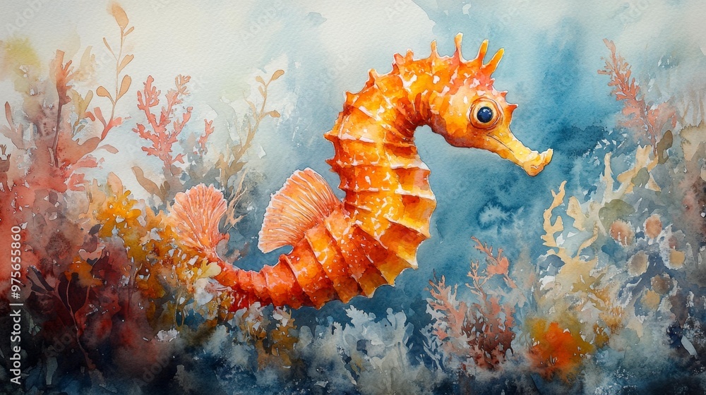 Vibrant Orange Seahorse in Coral Reef Generative AI Vibrant Orange Seahorse in Coral Reef Generative AI