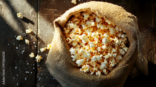 rustic bag filled with kettle corn, each kernel coated in a thin layer of sugar and salt for a crunchy photo