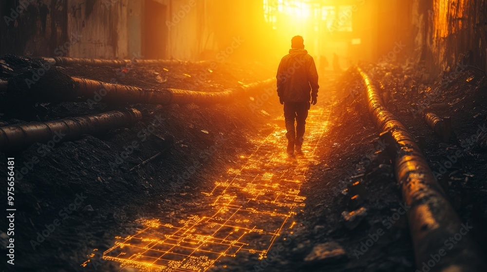 Man Walking on Glowing Digital Path in Post-Apocalyptic World Generative AI Man Walking on Glowing Digital Path in Post-Apocalyptic World Generative AI