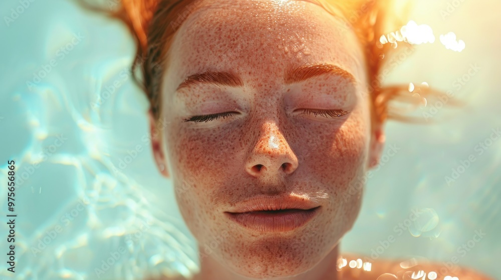 A woman with red freckles swims in a pool with eyes closed A woman with red freckles swims in a pool with eyes closed